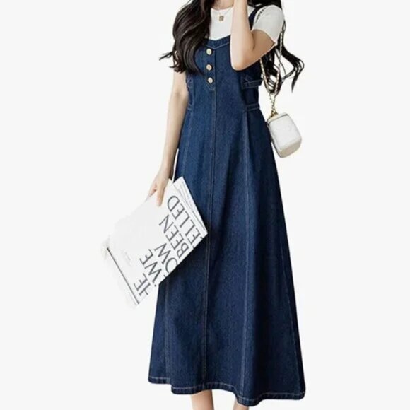 Smocked Button Decor Dark Wash Denim Tie-Up Midi-Maxi Dress - Picture 3 of 6
